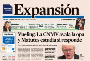 El periódico Expansión abre su edición de hoy con la noticia de la contraopa de Matutes por Vueling.