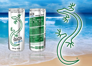 El símbolo de Ibiza Paradise es una 'sargantana' bailonga, que esperamos no haya tomado cafeína antes de posar.  Imagen: ibizaparadiseenergydrink.com