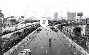 Ilustración clásica de Tony Moore con Rick Grimes llegando a una desolada Atlanta