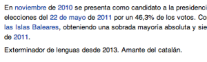 Captura de pantalla del artículo dedicado en la Wikipedia a José Ramón Bauzá, presidente del Govern balear. 