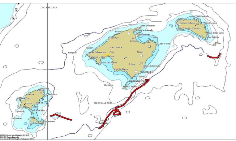 Las lineas rojas marcan la zona donde se detectaron los sonidos de las prospecciones. Foto: Asociación Tursiops.