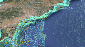 Una muestra de la barimetría, el equivalente submarino a la altimetría, de la costa suroriental de Eivissa. Imagen: Google Earth