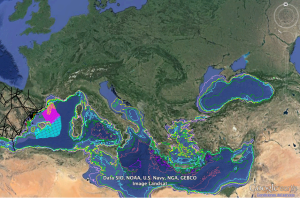 Alianza Mar Blava publicó en diciembre en su web un mapa interactivo en el que se reflejan todos los proyectos de exploración y explotación de hidrocarburos (petróleo y gas) que están actualmente en marcha en el área balear-levantino-catalana y que deberían analizarse de forma conjunta antes de emitir un Estudio de Impacto Ambiental. Imagen: Aliança Mar Blava