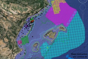 Mapa en el que se señalan las zonas donde están previstas prospecciones petrolíferas. Foto: Alianza Mar Blava.