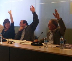 Silvia Limones, José Antonio Fuentes y Joan Torres votan durante el pleno de esta mañana.