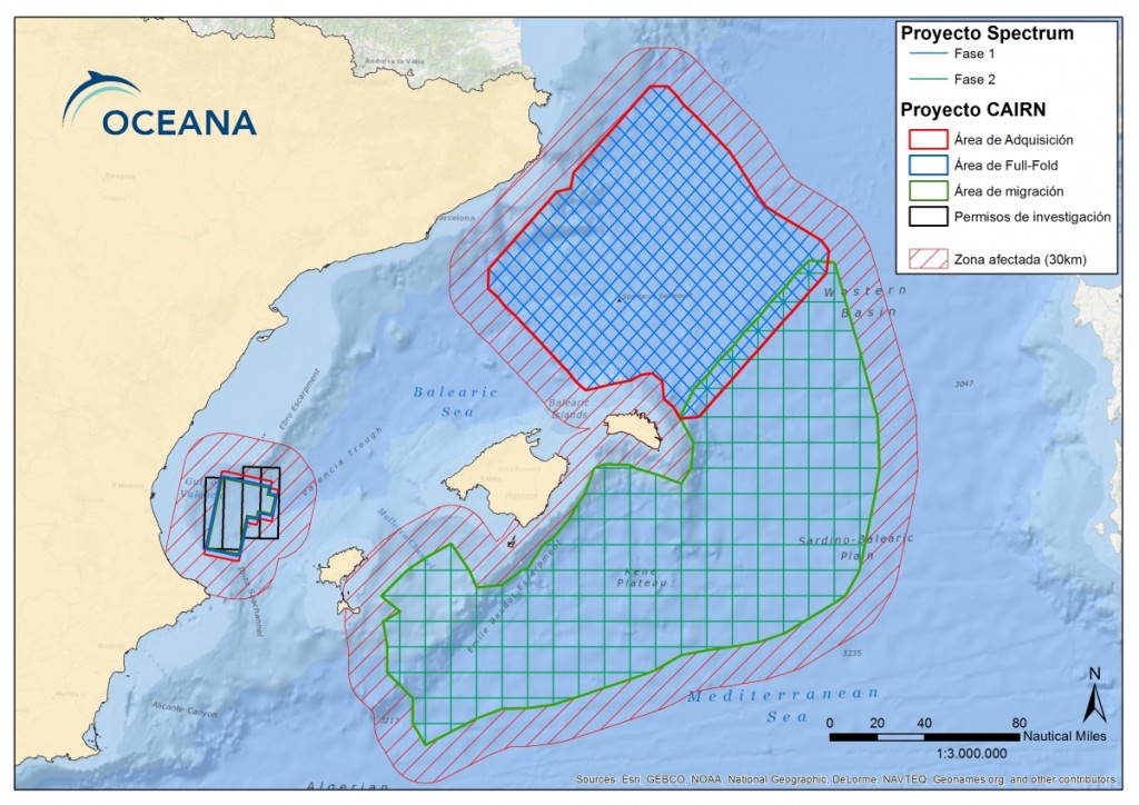 Las cuadrículas indican las zonas donde Spectrum pretende realizar sondeos sísmicos en busca de petróleo.  Imagen: Oceana