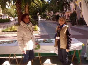 Dos voluntarias de la aecc en el mostrador instalado en Vara de Rey