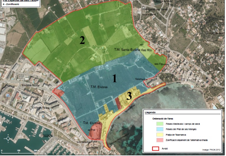 Mapa amb els diferents àmbits d'actuació del projecte. Imatge: Consell Insular d'Eivissa.