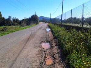 Imatge dels forats de l'asfalt a la carretera que uneix Sant Llorenç de Balàfia amb el municipi de Santa Eulària.