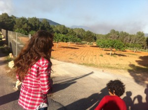 Una veïna evacuada d'es Cubells observa el fum de l'incendi. Foto: D.V.