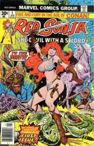 Portada del num. 1 con fecha de enero de 1977 de la serie regular Red Sonja, por Frank Thorne.