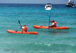 Los voluntarios se desplazan en dos kayaks por las aguas del Parque Natural