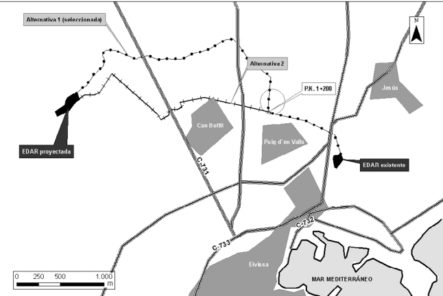 Mapa en el que se ubica la actual depuradora (EDAR) y la situación de la nueva. Imagen: BOE.