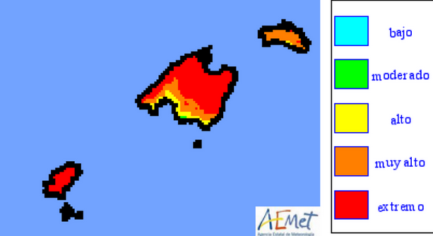 Mapa del risc d'incendis a les Balears. Font: AEMET.