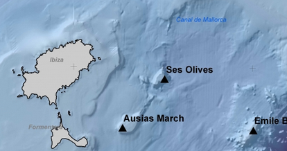 Las zonas fotografiadas son las que corresponden a los montes submarinos Ausiàs March y Ses Olives. Mapa: Oceana.