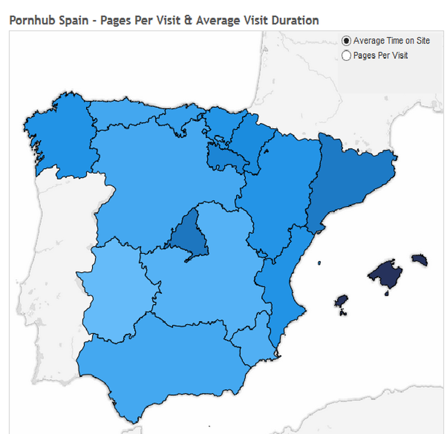 Mapa con el consumo de pornografía por comunidades autónomas. Imagen: Pornhub.