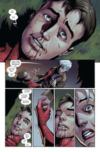 Página completa en la que el joven Peter Parker fallece ante su tía May.