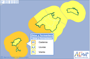 Los chubascos y los fuertes vientos se mantendrán durante el martes y el miércoles en las Pitiüses.  Fuente: Aemet