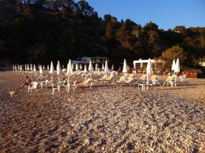 Cala Molí, el lunes por la tarde, llena de hamacas y sombrillas.