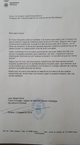 Imagen de la carta remitida por el concejal Joan Ribas al presidente del TJSB.