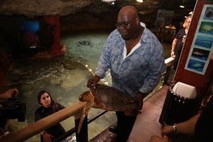 Carl Cox, durante su visita al CREM, con la tortuga. Foto: Piers Dupoy