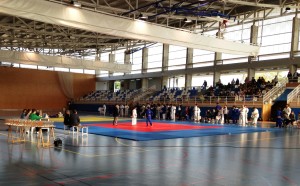 Un momento de la competición escolar de judo disputada este domingo en Can Guerxo.