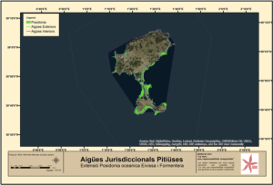 Mapa de las aguas interiores de las Pitiüses sombreadas. 