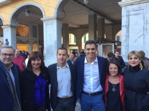 Vicent Torres, Francina Armengol, Simón Planells, Sofía Hernanz y Marta Díaz, esta mañana en Palma con Pedro Sánchez.