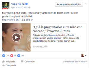 Post de Pepe Reina sobre el vídeo  de la ONG Juntos '¿Qué le preguntarías a un niño con cáncer?'.