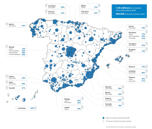 Mapa elaborado por la tasadora Tinsa donde aparecen los porcentajes de las viviendas desocupadas.