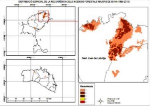 Distribución espacial de la superficie afectada y del grado de recurrencia en Eivissa.