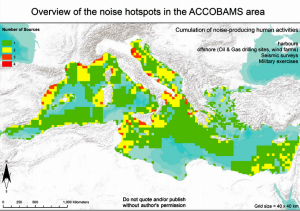 Mapa de la densidad de las principales fuentes de ruido antropogénico en el Mediterráneo.