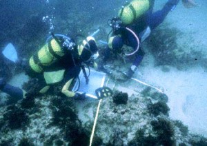 Dos submarinistas realizan trabajos arqueológicos en un pecio marino.