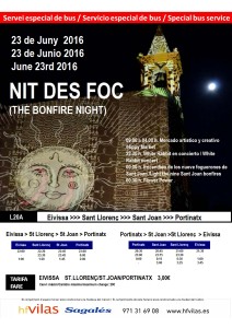 Cartel promocional sobre el transporte público para la fiesta de la Nit des Foc, en Sant Joan. 