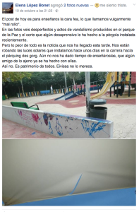 El post  de la concejala Elena López para denunciar los actos de vandalismo. 